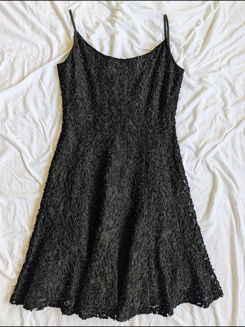 Carmen Marc Valvo Black Beaded Lace Midi Dress